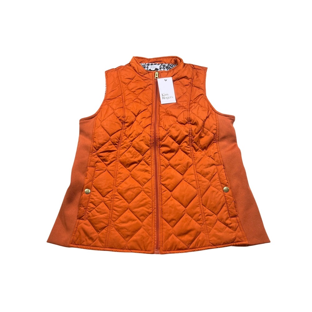 Kim Rogers Womens M Quilted Vest Orange Houndstooth Lined NWT Fall Equestrian